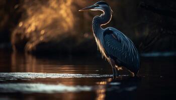 Gray heron standing in tranquil swamp water generated by AI photo