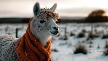 linda alpaca sonrisas para cámara en Nevado prado generado por ai foto