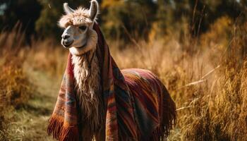 Alpaca grazing in beautiful African meadow landscape generated by AI photo