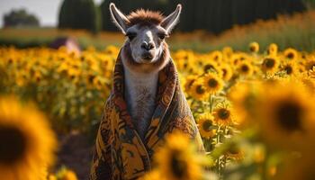 Cute alpaca smiling in sunflower meadow, autumn bliss generated by AI photo