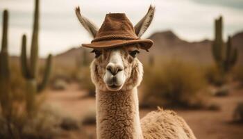 Alpaca grazing on mountain pasture, woolly beauty generated by AI photo