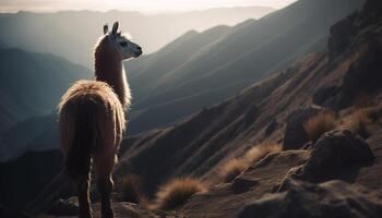 alpaca en pie en montaña cima, lanoso retrato generado por ai foto