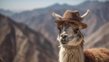 Alpaca grazing on mountain meadow, smiling for camera generated by AI photo