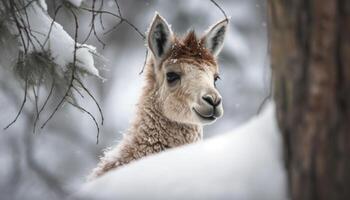 Fluffy alpaca poses for winter portrait, cute generated by AI photo