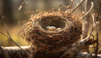 New life hatching, fragile bird in nest generated by AI photo