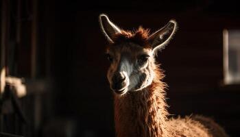 linda alpaca retrato, mirando a cámara curiosamente generado por ai foto