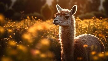 Cute alpaca grazing in nature meadow generated by AI photo