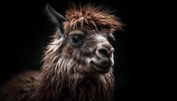 Fluffy alpaca poses for cute portrait, looking sharp generated by AI photo