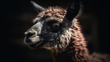 Fluffy alpaca stares at camera in pasture generated by AI photo