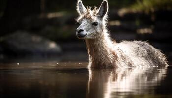 Fluffy alpaca portrait, cute fur looking at camera generated by AI photo