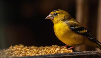 Small gold finch perching on branch, eating seed generated by AI photo