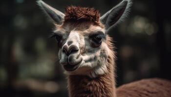 Cute alpaca grazing in rural meadow, woolly fleece generated by AI photo