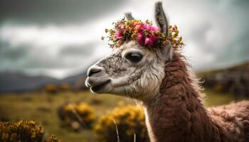 Fluffy alpaca smiles in green meadow portrait generated by AI photo