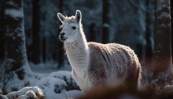 Cute alpaca grazing in snowy rural meadow generated by AI photo