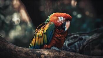 Scarlet macaw perching on branch, vibrant beauty generated by AI photo