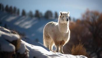 Fluffy alpaca grazing in snowy rural landscape generated by AI photo