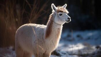 mullido alpaca roza en rural montaña prado generado por ai foto