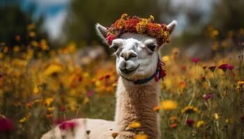 Smiling alpaca grazes in lush green meadow generated by AI photo