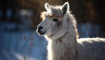 Fluffy alpaca grazing in rural meadow, cute portrait generated by AI photo