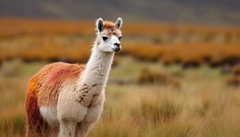 Cute alpaca portrait, standing in fluffy grass generated by AI photo