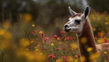 Adorable alpaca grazes in lush green meadow generated by AI photo