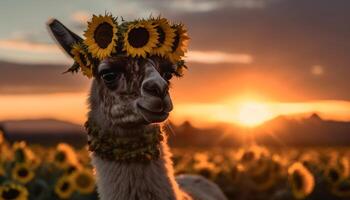 Smiling alpaca looks at camera in meadow generated by AI photo
