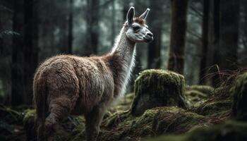 Cute alpaca grazing in tranquil rural meadow generated by AI photo