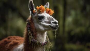 Smiling alpaca grazes in green meadow portrait generated by AI photo