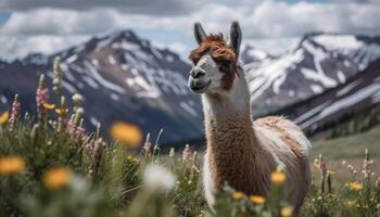 Adorable alpaca grazing in scenic mountain meadow generated by AI photo