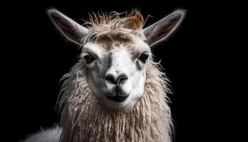 Cute alpaca portrait, looking at camera with fluffy fur generated by AI photo