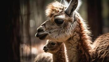 linda alpaca con mullido piel mirando a cámara generado por ai foto