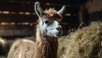 Fluffy alpaca grazes in rural meadow pasture generated by AI photo