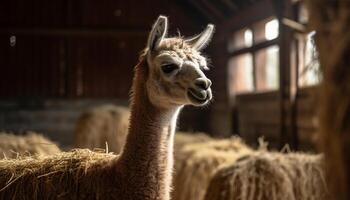 Cute alpaca with fluffy fleece smiling for camera generated by AI photo