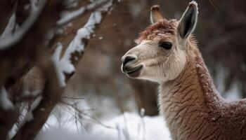 Cute alpaca poses for snowy portrait, woolly beauty generated by AI photo