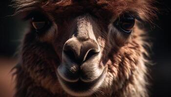 Fluffy alpaca stares at camera with humor generated by AI photo