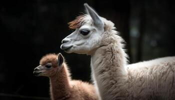 mullido alpaca miradas a cámara en prado generado por ai foto