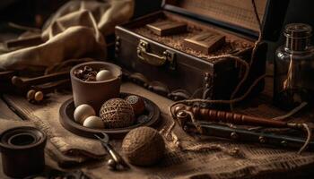 Antique table holds rustic leather bag indoors generated by AI photo