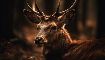 Horned stag grazes in autumn forest meadow generated by AI photo