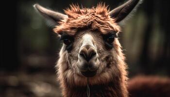 linda alpaca curioso a cámara en pasto generado por ai foto