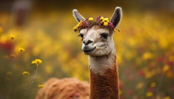 linda alpaca pasto en verde prado, sonriente generado por ai foto