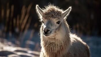 Fluffy alpaca poses for rural portrait, cute generated by AI photo