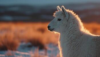 Sunlit alpaca grazes in tranquil winter meadow generated by AI photo