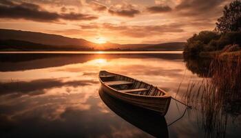 Tranquil sun on water, nautical vessel reflects beauty generated by AI photo