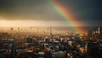 Skyscrapers illuminate city life, nature rainbow horizon generated by AI photo