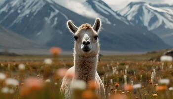 Alpaca grazes in mountain meadow, woolly portrait generated by AI photo