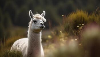 Cute alpaca grazing in green meadow, fluffy fleece generated by AI photo