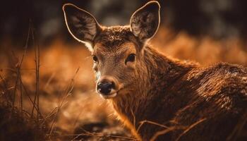 Stag grazes peacefully in autumn meadow, serene generated by AI photo