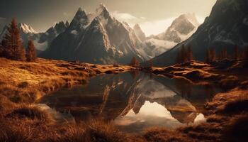 Majestic mountain range reflects tranquil sun beauty generated by AI photo