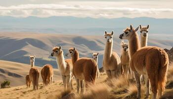 A cute alpaca herd grazes on green grass generated by AI photo