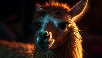 Alpaca stares at camera, cute and woolly generated by AI photo